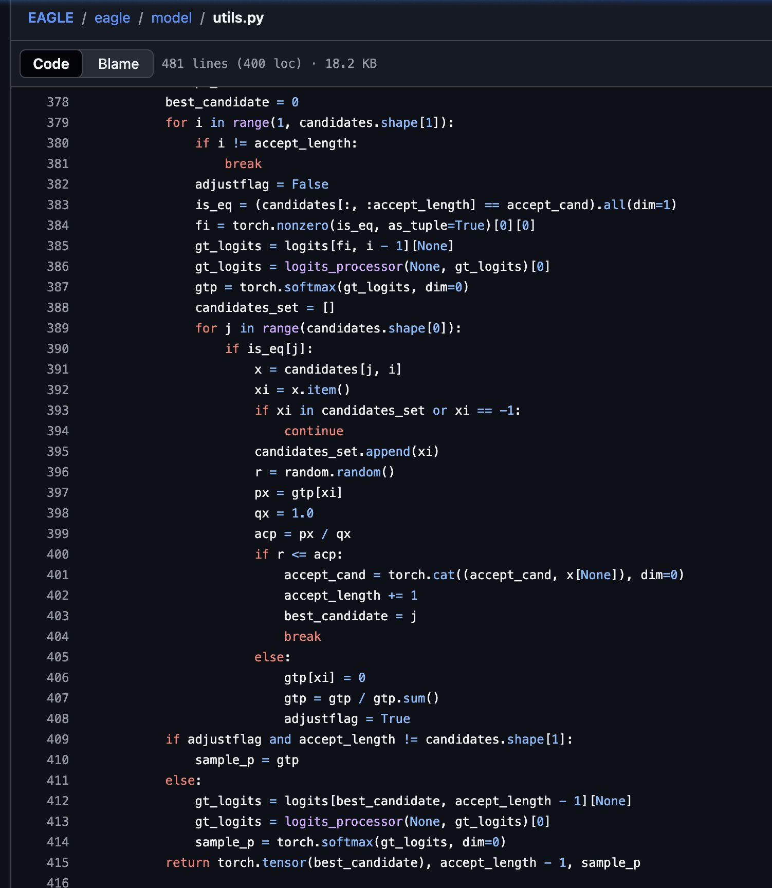 Screenshot of a code path indicating the non-greedy EAGLE-3 rejection logic.